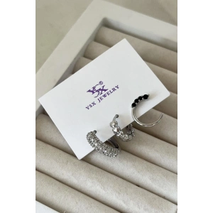 Gümüş Renk Taş Detaylı VİP 3lü YSX Küpe Set