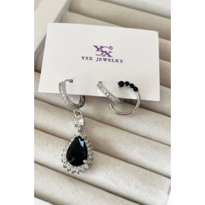 Gümüş Renk Taş Detaylı VİP 3lü YSX Küpe Set