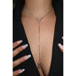 Gümüş Renk Taş Detaylı Y Kolye