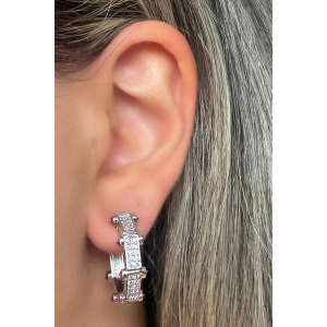 Gümüş Renk Taş Detaylı YSX Halka Küpe (Çift)