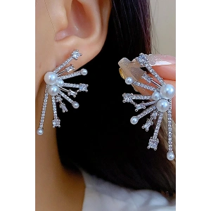 Gümüş Renk Taş Ve İnci Detaylı 14K Altın Kaplama Küpe (Çift)