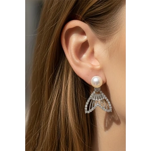 Gümüş Renk Taş Ve İnci Detaylı 14K Altın Kaplama Küpe (Çift)