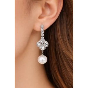 Gümüş Renk Taş Ve İnci Detaylı Küpe (Çift)