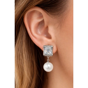 Gümüş Renk Taş Ve İnci Detaylı Küpe (Çift)