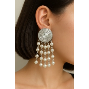 Gümüş Renk Taş Ve İnci Detaylı Tasarım Küpe (Çift)