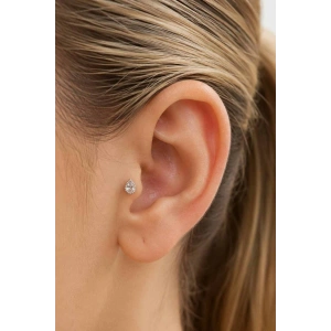 Gümüş Renk Taşlı Büyük Boy Cerrahi Çelik Tragus/Kıkırdak Küpe/Piercing (Tek)