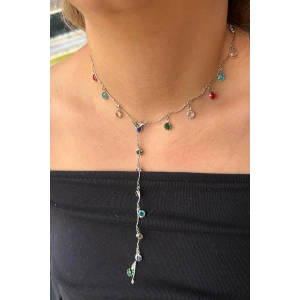 Gümüş Renk Taşlı Çelik Y Kolye