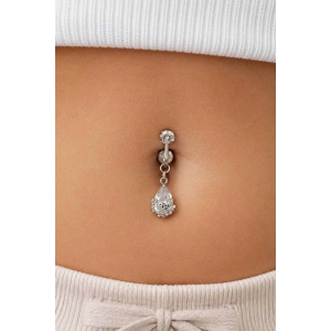 Gümüş Renk Taşlı Delik Gerektirmeyen Cerrahi Çelik Göbek Piercing