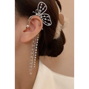 Gümüş Renk Taşlı Sallantılı Kelebek Figürlü Kulak Aksesuarı (Tek)