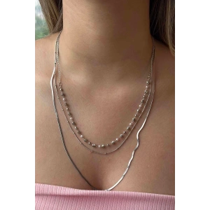 Gümüş Renk Top Detaylı Üçlü Çelik Kolye