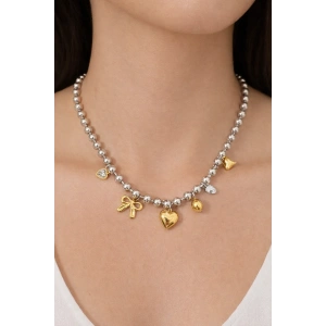 Gümüş Renk Top Zincir Detaylı Karışık Charmlı Çelik Kolye