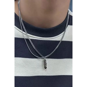 Gümüş Renk Tüy Figürlü Erkek İkili Zincir Çelik Kolye