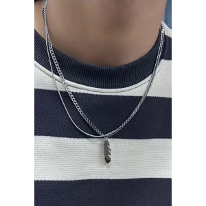 Gümüş Renk Tüy Figürlü Erkek İkili Zincir Çelik Kolye