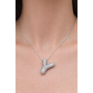 Gümüş Renk Y Harf Taş Detaylı Çelik Kolye