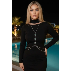 Gümüş Renk Yeşil Taş Detaylı Vücut Aksesuarı