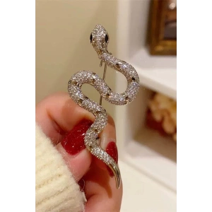 Gümüş Renk Yılan Figürlü Taş Detaylı Broş