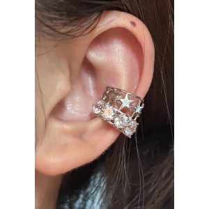 Gümüş Renk Yıldız Detaylı Taşlı Ear Cuff/Kulak Aksesuarı (Tek)