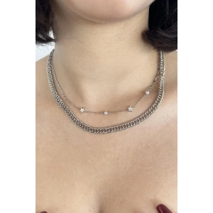 Gümüş Renk Yıldız Figürlü İnci Detaylı İkili Kolye