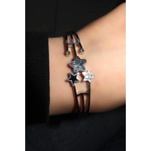 Gümüş Renk Yıldız Figürlü Taş Detaylı Çelik Kelepçe Bileklik
