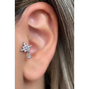 Gümüş Renk Yıldız Figürlü Taş Detaylı Çelik Tragus/Kıkırdak Küpe/Piercing (Tek)