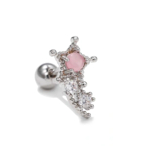 Gümüş Renk Yıldız Figürlü Taş Detaylı Çelik Tragus/Kıkırdak Küpe/Piercing (Tek)