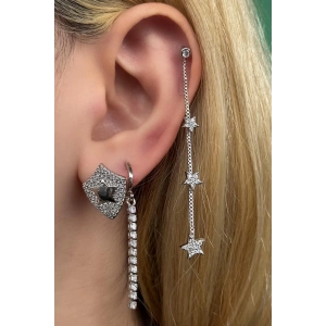 Gümüş Renk Yıldız Figürlü Taş Detaylı VİP 3lü YSX Küpe Set