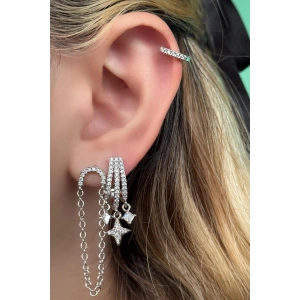 Gümüş Renk Yıldız Figürlü Taş Detaylı VİP 3lü YSX Küpe Set