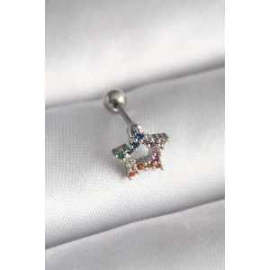 Gümüş Renk Yıldız Figürlü  Taşlı Cerrahi Çelik Tragus/Kıkırdak Küpe/Piercing (Tek)