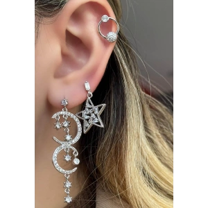 Gümüş Renk Yıldız Ve Ay Figürlü Taş Detaylı VİP 3lü YSX Küpe Set