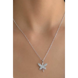 Gümüş Renk Yusufçuk Figürlü Taş  Detaylı Çelik Kolye