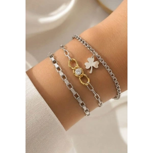 Gümüş Renk  Zincir Detaylı 3lü Bileklik Set