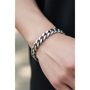 Gümüş Renk Zincir Detaylı Çelik Erkek Bileklik