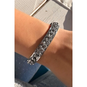 Gümüş Renk Zincir Detaylı Çelik Kelepçe Bileklik