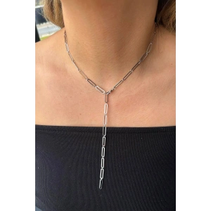 Gümüş Renk Zincir Detaylı Çelik Y Kolye