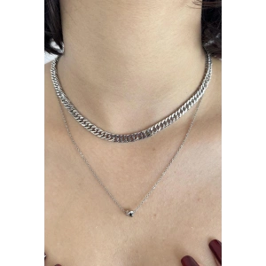 Gümüş Renk Zincir Detaylı İkili Kolye