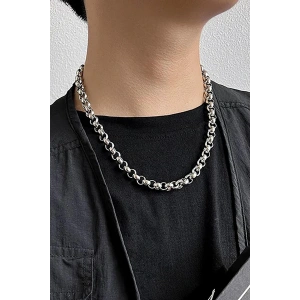 Gümüş Renk Zincir Detaylı Unisex Çelik Kolye