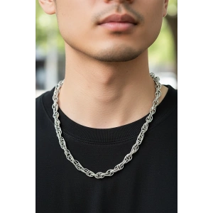 Gümüş Renk Zincir Detaylı Unisex Çelik Kolye