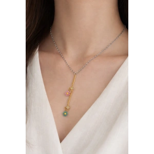 Gümüş Ve Altın Renk Çiçek Figürlü Çelik Kolye