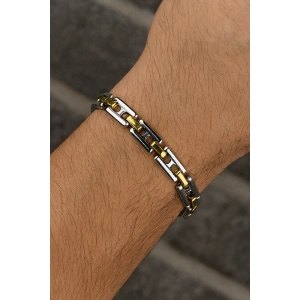 Gümüş Ve Altın Renk Zincir Detaylı Çelik Erkek Bileklik