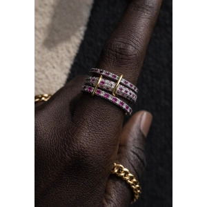 Gümüş Ve Bordo Renk Çoklu Halka Detaylı Taşlı Yüzük