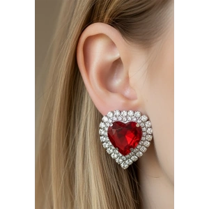 Gümüş ve Kırmızı Renk Kalp Figürlü Taşlı Abiye Küpe Kına/Gelin Küpe (Çift)