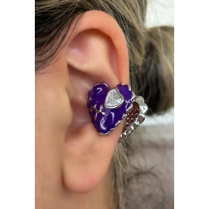 Gümüş Ve Mor Renk Kalp Figürlü 14K Altın Kaplama TX Ear Cuff (Tek)