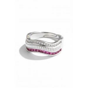 Gümüş Ve Pembe Renk Taş Detaylı 14K Altın Kaplama Ayarlanabilir Yüzük