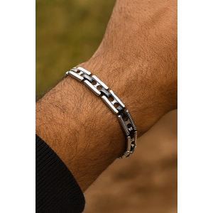 Gümüş Ve Siyah Renk Zincir Detaylı Çelik Erkek Bileklik