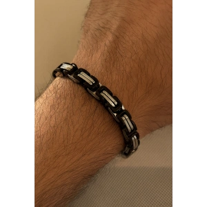 Gümüş Ve Siyah Renk Zincir Detaylı Çelik Erkek Bileklik