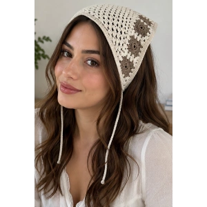 Kahve Renk Çiçek Desenli Örgü Saç Bandana