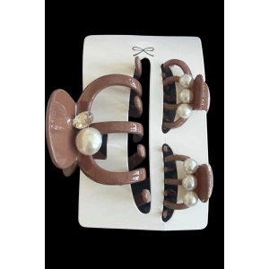 Kahve Renk İnci Detaylı 3lü Kemik Mandal Toka Set