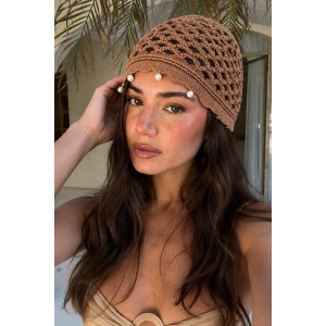 Kahve Renk İnci Detaylı Örgü Saç Bandana