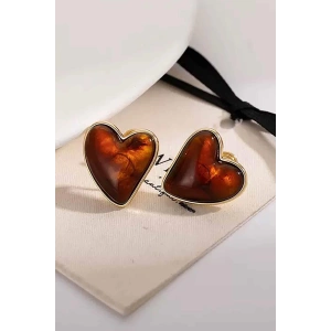 Kahve Renk Kalp Figürlü 14K Altın Kaplama Küpe (Çift)