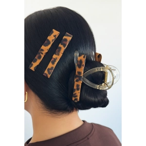 Kahve Renk Leopar Desenli Yan Toka Ve Mandal Toka Set